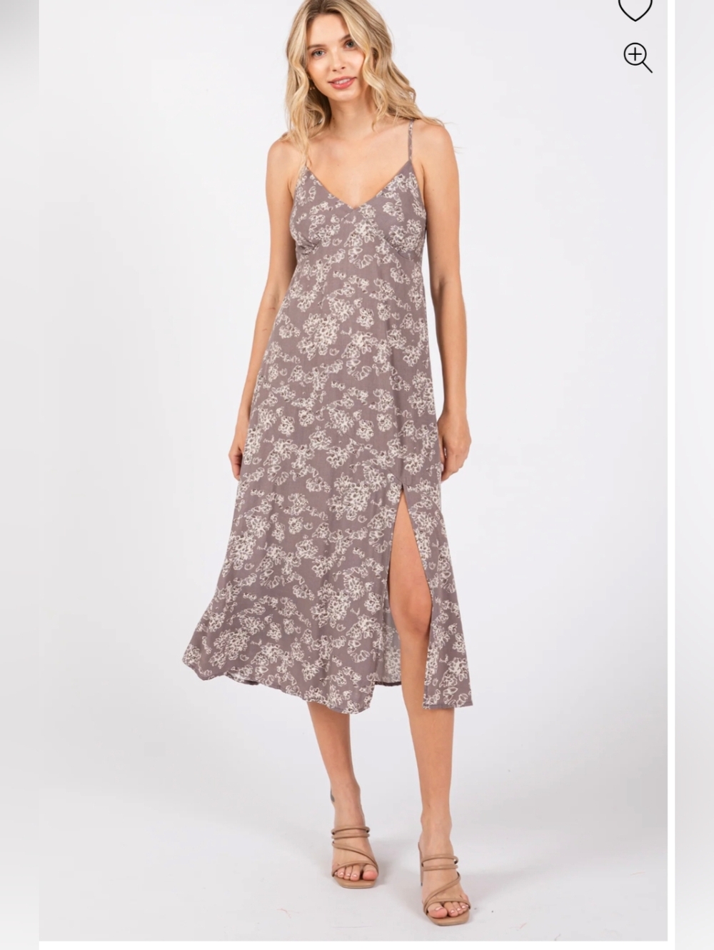 Final Touch Floral Midi Dress Sz Large |Taupe/Cream | Slit |Smocked Back | NWOT